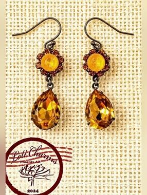 Victorian Golden Yellow Swarovski Elements Flower Crystals In Brass  Earrings